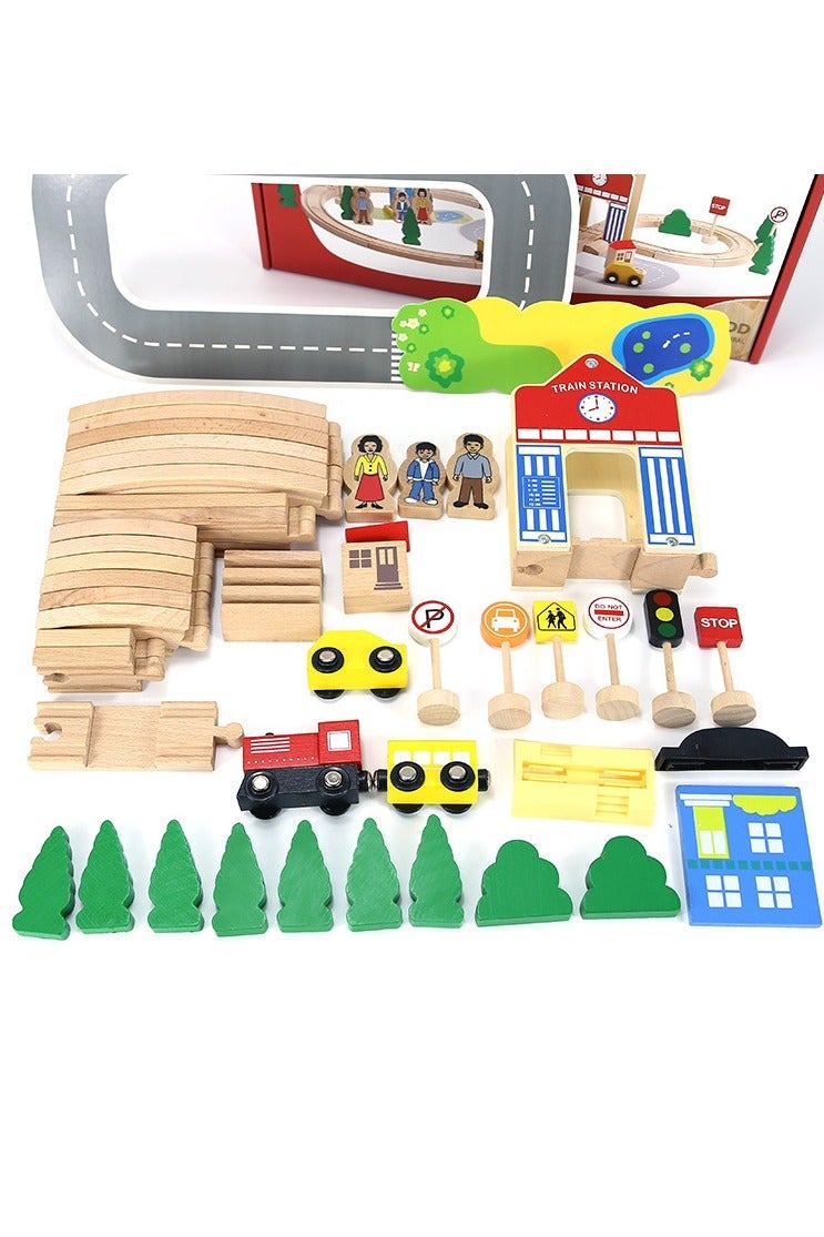 Wooden Train Set for Kids – 50 PCS Railway Track with Station, Figures & Signs | Montessori Educational Toy for Ages 3+ | Natural Safe Wood - Image 3